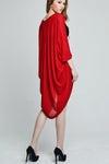 Model wearing red chiffon kimono facing back